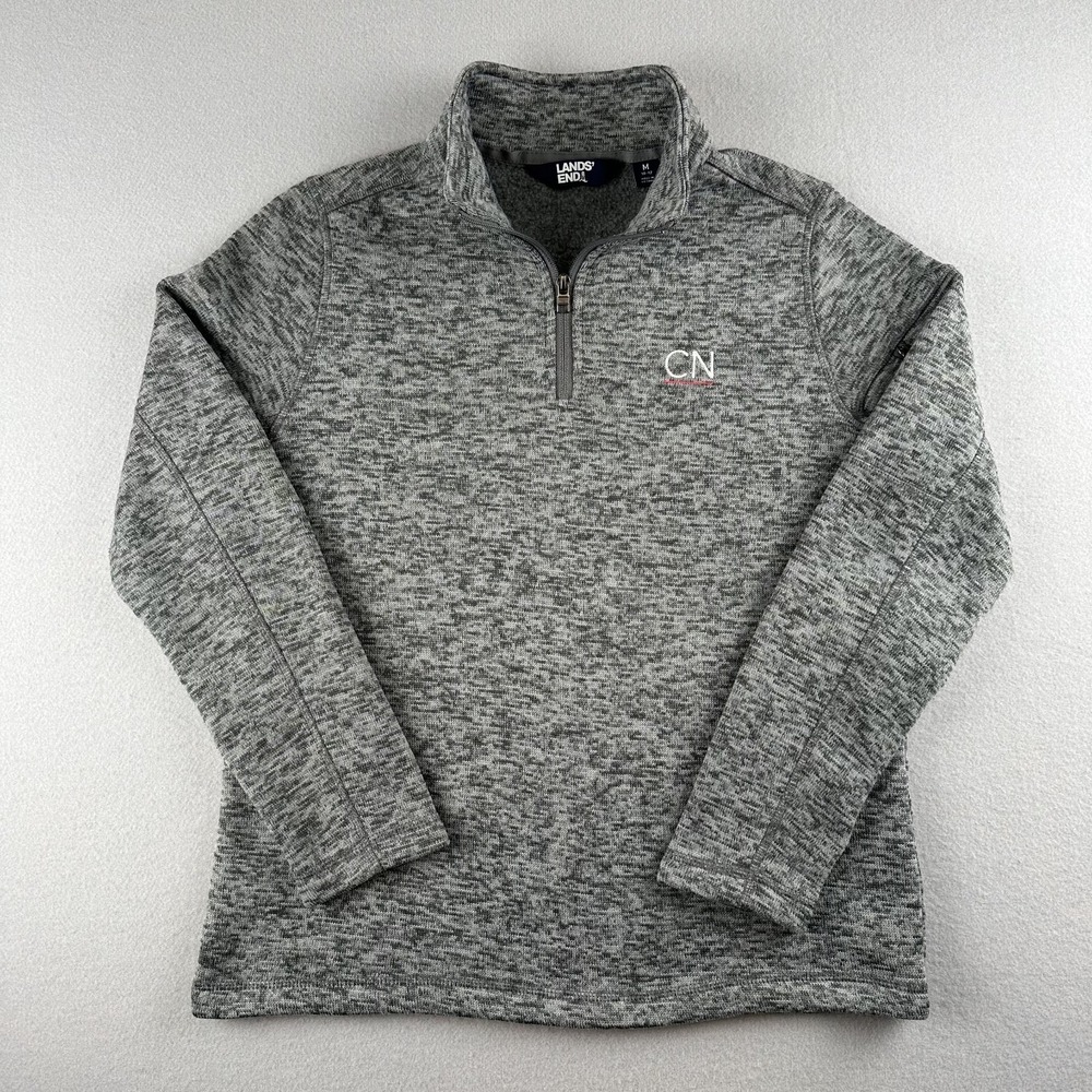 Lands' End Quarter Zip Pullover Mens M Gray Marled Fleece Sleeve‎ Pocket CN